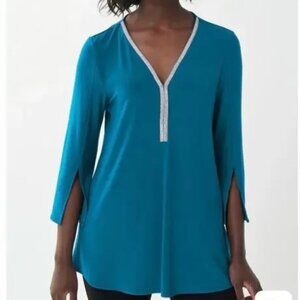 Joseph Ribkoff Teal Tunic Top | Size 10 | Silver Trim, Split Sleeves, Flowy